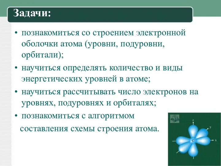 Задачи: познакомиться со строением электронной оболочки атома (уровни, подуровни, орбитали);