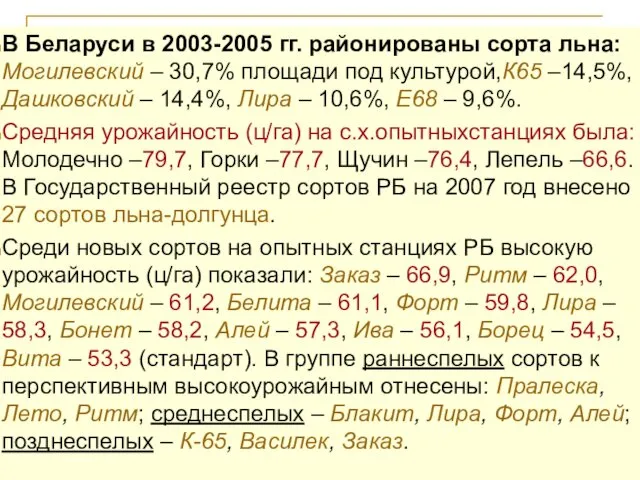 В Беларуси в 2003-2005 гг. районированы сорта льна: Могилевский – 30,7% площади под