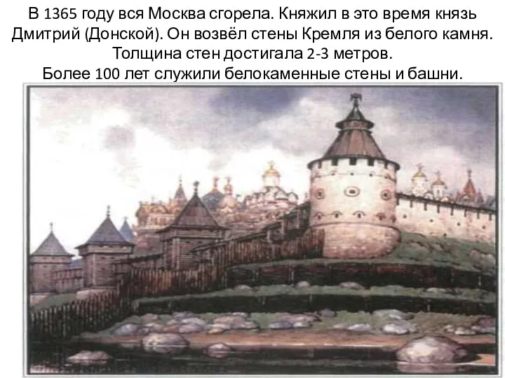 В 1365 году вся Москва сгорела. Княжил в это время князь Дмитрий (Донской).