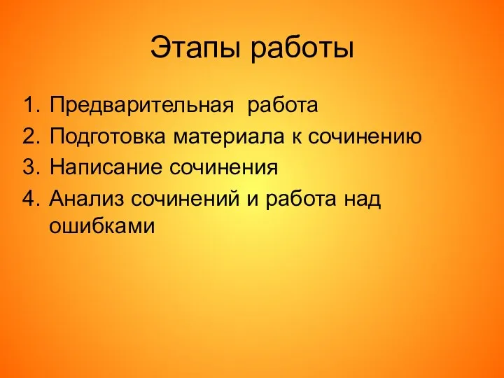 Этапы работы Предварительная работа Подготовка материала к сочинению Написание сочинения Анализ сочинений и работа над ошибками