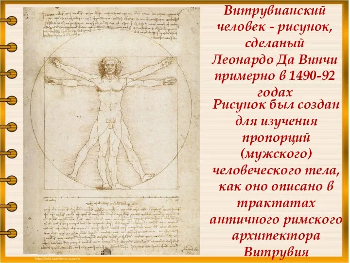 Рисунок был создан для изучения пропорций (мужского) человеческого тела, как оно описано в