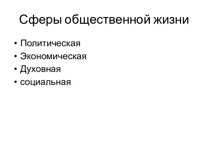 Сферы общественной жизни Политическая Экономическая Духовная социальная