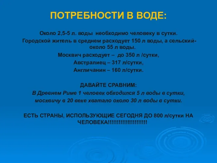 ПОТРЕБНОСТИ В ВОДЕ: Около 2,5-5 л. воды необходимо человеку в сутки. Городской житель