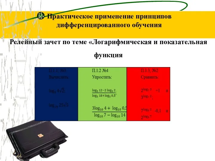 Практическое применение принципов дифференцированного обучения Релейный зачет по теме «Логарифмическая и показательная функция