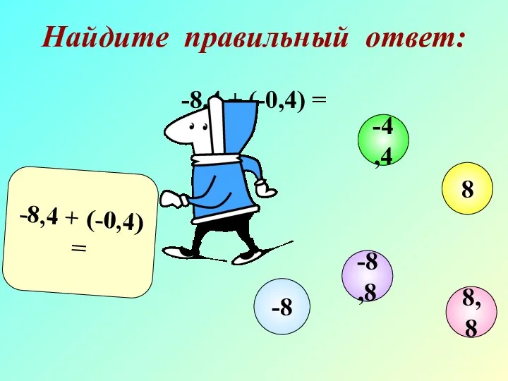 -8,4 + (-0,4) = Найдите правильный ответ: -8,4 + (-0,4) = 8,8 -4,4 8 -8,8 -8