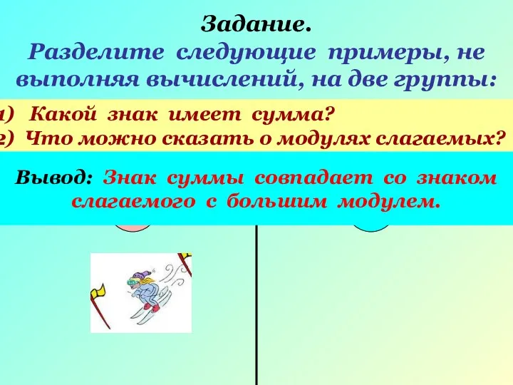 Задание. Разделите следующие примеры, не выполняя вычислений, на две группы: