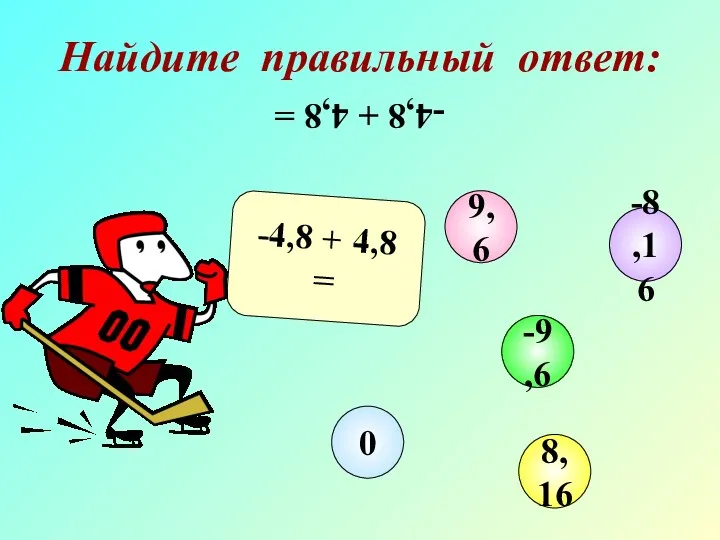 -4,8 + 4,8 = Найдите правильный ответ: -4,8 + 4,8 = 9,6 -9,6 8,16 0 -8,16