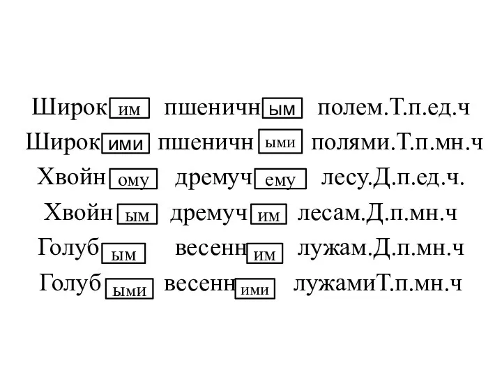 Широк пшеничн полем.Т.п.ед.ч Широк пшеничн полями.Т.п.мн.ч Хвойн дремуч лесу.Д.п.ед.ч. Хвойн