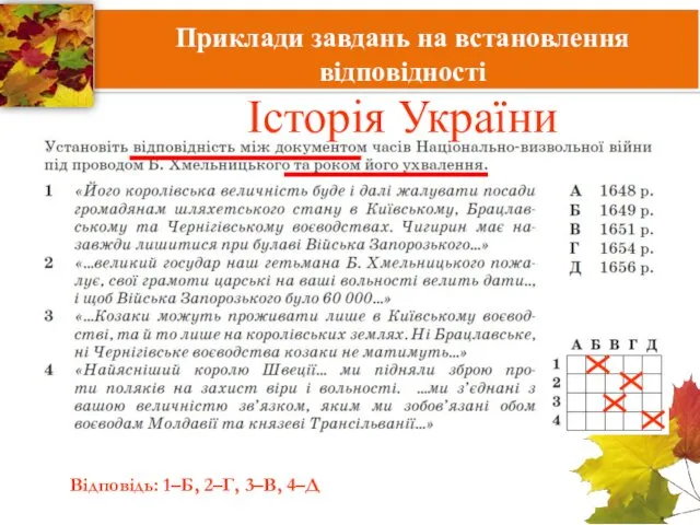 Відповідь: 1–Б, 2–Г, 3–В, 4–Д Приклади завдань на встановлення відповідності Історія України