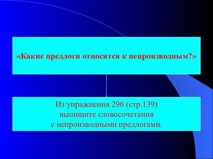 «Какие предлоги относятся к непроизводным?» Из упражнения 296 (стр.139) выпишите словосочетания с непроизводными предлогами.