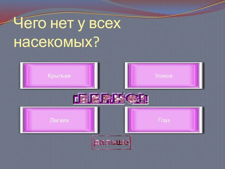 Чего нет у всех насекомых? Легких Крыльев Усиков Глаз