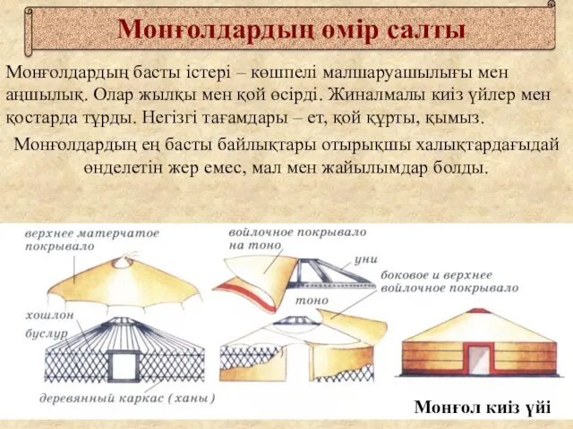 Монғолдардың басты істері – көшпелі малшаруашылығы мен аңшылық. Олар жылқы