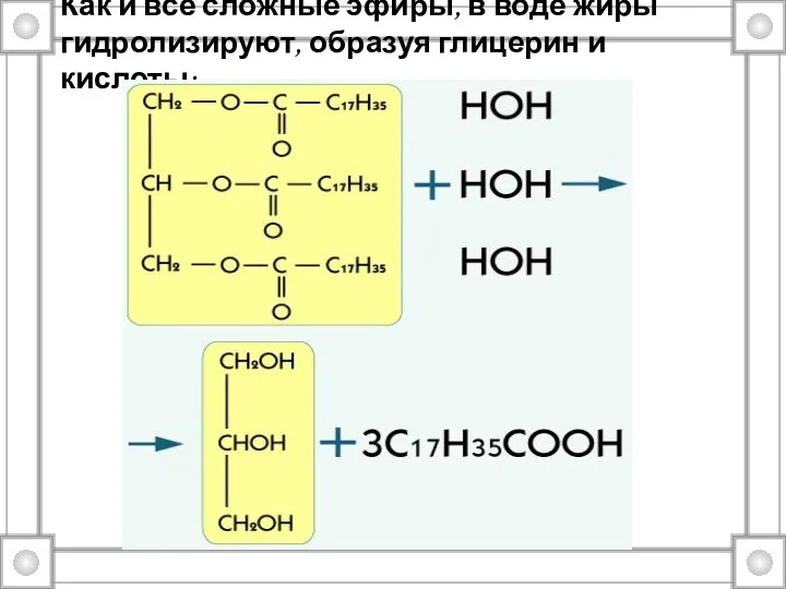 Как и все сложные эфиры, в воде жиры гидролизируют, образуя глицерин и кислоты: