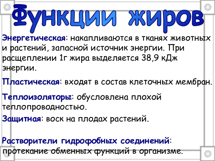 Функции жиров Энергетическая: накапливаются в тканях животных и растений, запасной