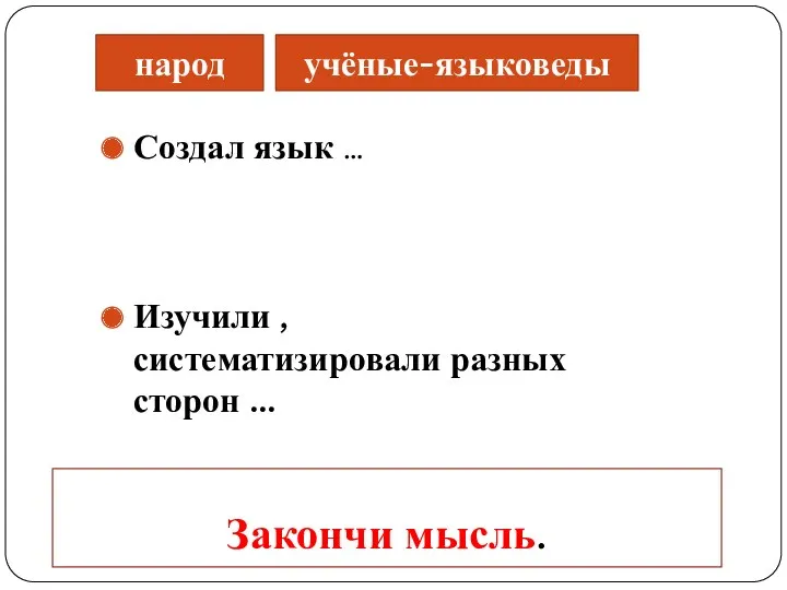 Закончи мысль. Создал язык … Изучили , систематизировали разных сторон … народ учёные-языковеды