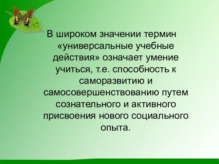 В широком значении термин «универсальные учебные действия» означает умение учиться,