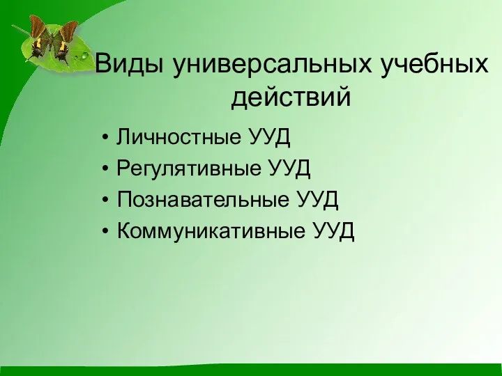 Виды универсальных учебных действий Личностные УУД Регулятивные УУД Познавательные УУД Коммуникативные УУД