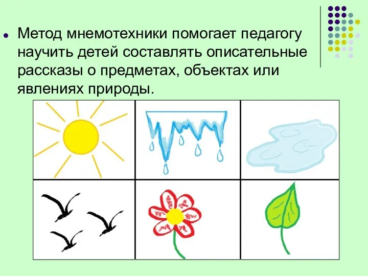 Метод мнемотехники помогает педагогу научить детей составлять описательные рассказы о предметах, объектах или явлениях природы.