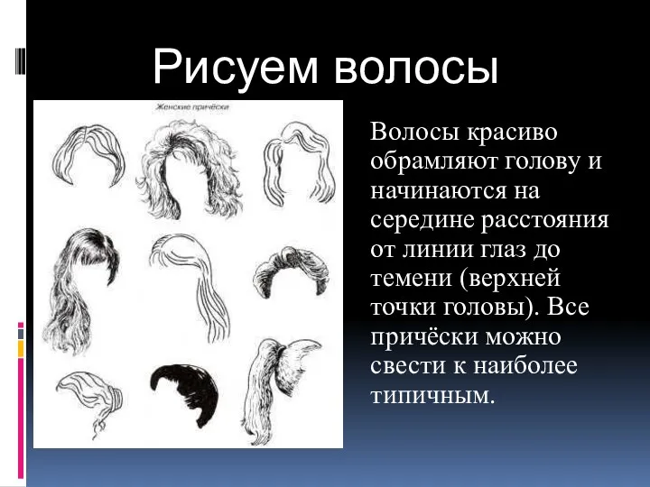 Рисуем волосы Волосы красиво обрамляют голову и начинаются на середине расстояния от линии