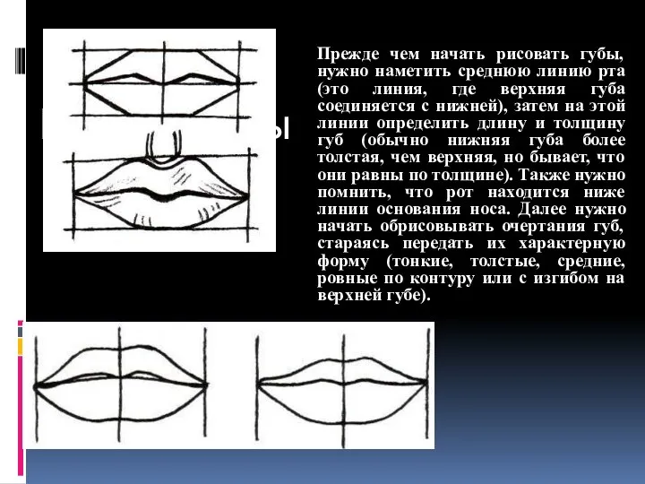 Рисуем губы Прежде чем начать рисовать губы, нужно наметить среднюю