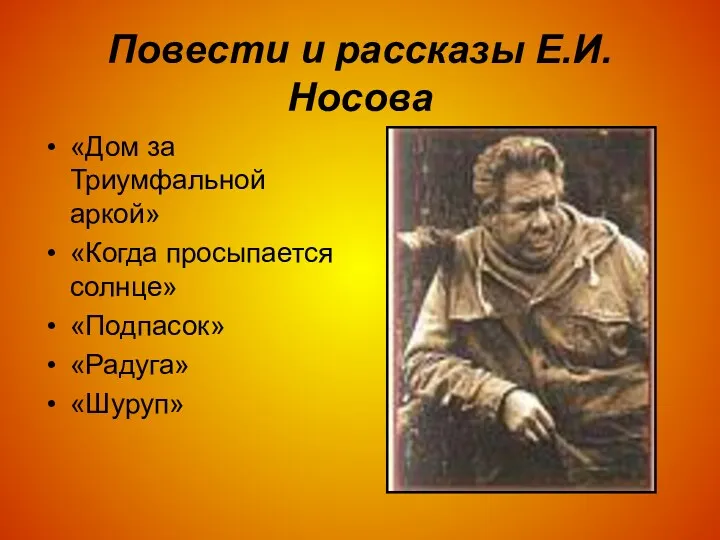 Повести и рассказы Е.И. Носова «Дом за Триумфальной аркой» «Когда просыпается солнце» «Подпасок» «Радуга» «Шуруп»