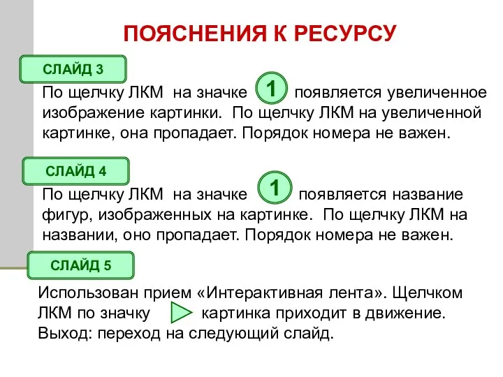 Использован прием «Интерактивная лента». Щелчком ЛКМ по значку картинка приходит в движение. Выход: