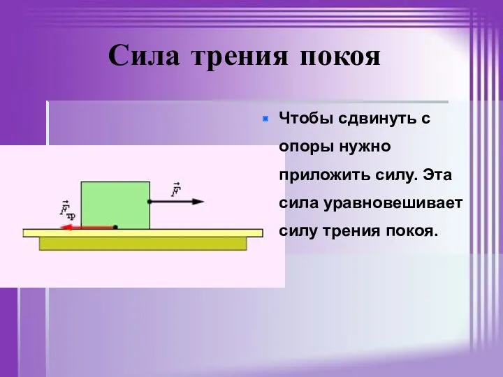 Сила трения покоя Чтобы сдвинуть с опоры нужно приложить силу. Эта сила уравновешивает силу трения покоя.