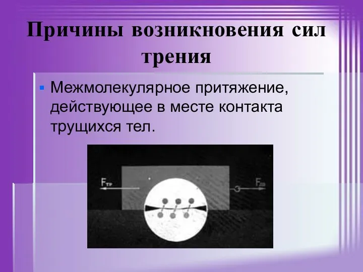 Причины возникновения сил трения Межмолекулярное притяжение, действующее в месте контакта трущихся тел.