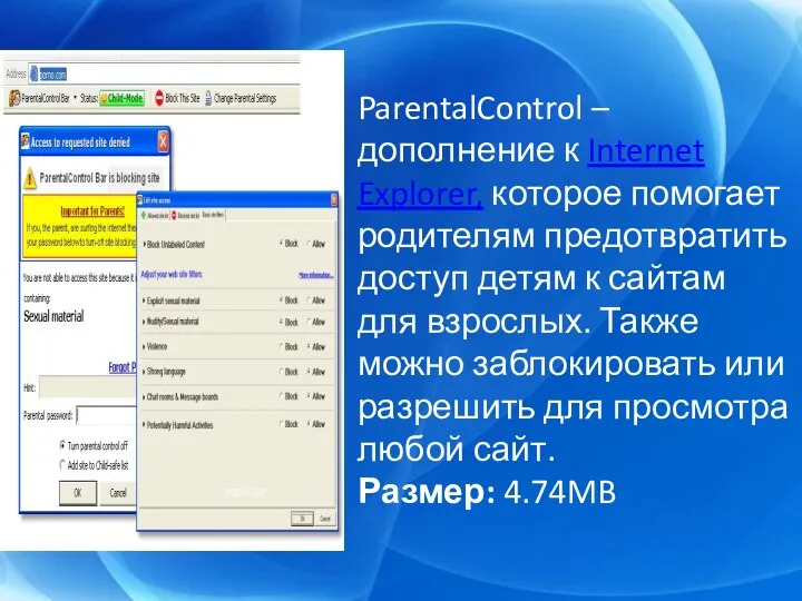 ParentalControl – дополнение к Internet Explorer, которое помогает родителям предотвратить