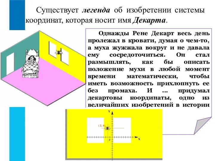 Существует легенда об изобретении системы координат, которая носит имя Декарта.