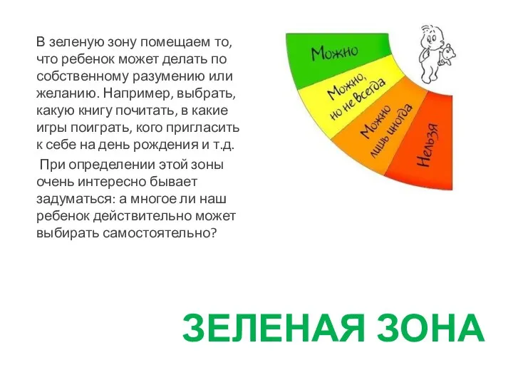 ЗЕЛЕНАЯ ЗОНА В зеленую зону помещаем то, что ребенок может