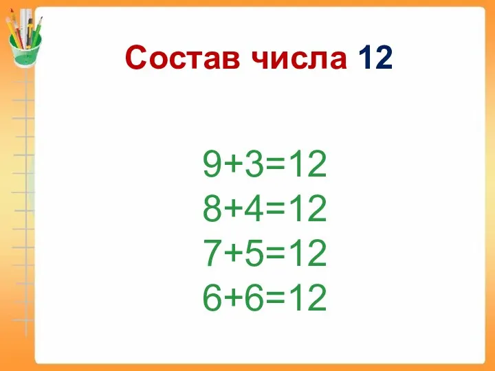 Состав числа 12 9+3=12 8+4=12 7+5=12 6+6=12