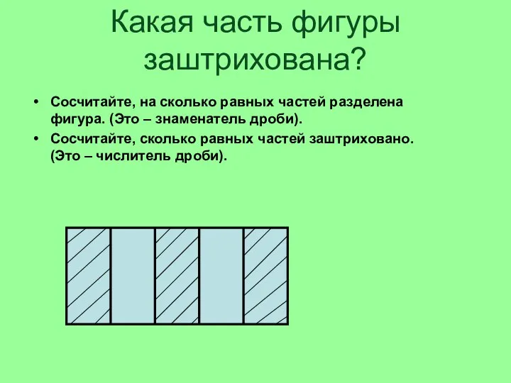 Какая часть фигуры заштрихована? Сосчитайте, на сколько равных частей разделена фигура. (Это –