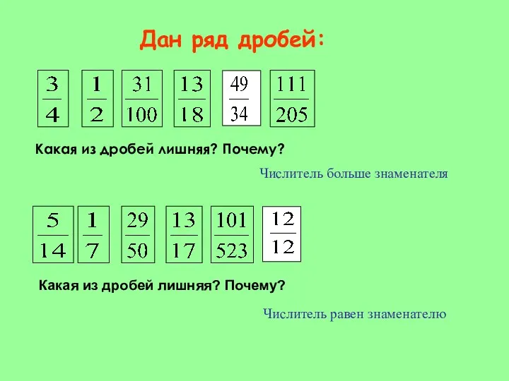 Дан ряд дробей: Какая из дробей лишняя? Почему? Числитель больше знаменателя Какая из