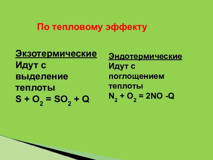 Экзотермические Идут с выделение теплоты S + O2 = SO2 + Q По