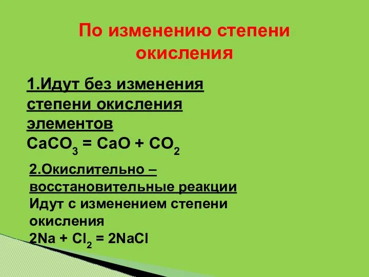 По изменению степени окисления 1.Идут без изменения степени окисления элементов