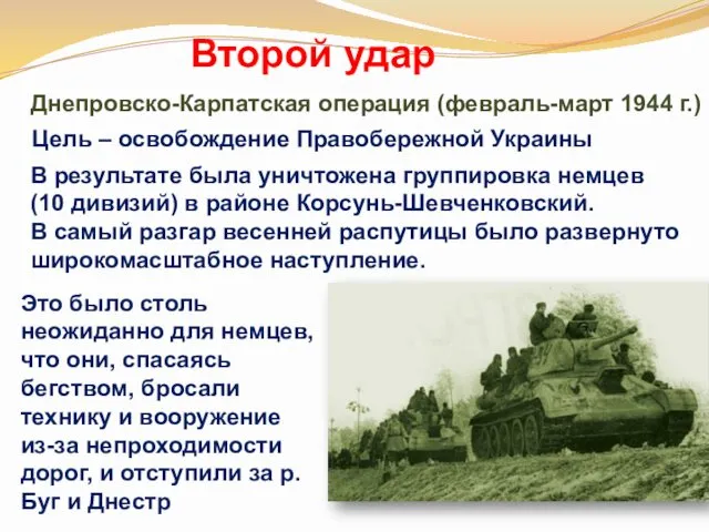 Второй удар Днепровско-Карпатская операция (февраль-март 1944 г.) Цель – освобождение