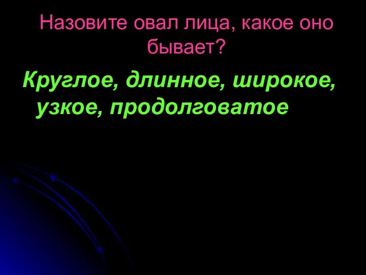 Назовите овал лица, какое оно бывает? Круглое, длинное, широкое, узкое, продолговатое