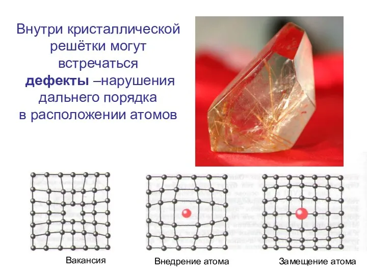 Внутри кристаллической решётки могут встречаться дефекты –нарушения дальнего порядка в