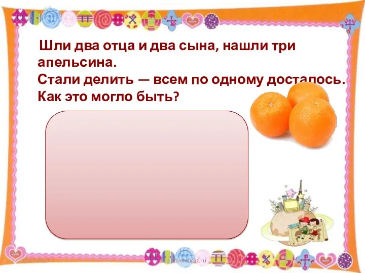 http://aida.ucoz.ru Шли два отца и два сына, нашли три апельсина. Стали делить —