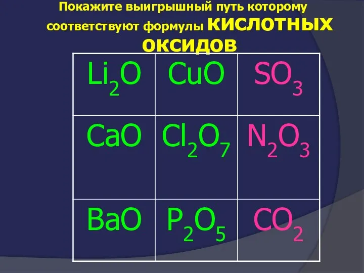 Покажите выигрышный путь которому соответствуют формулы кислотных оксидов