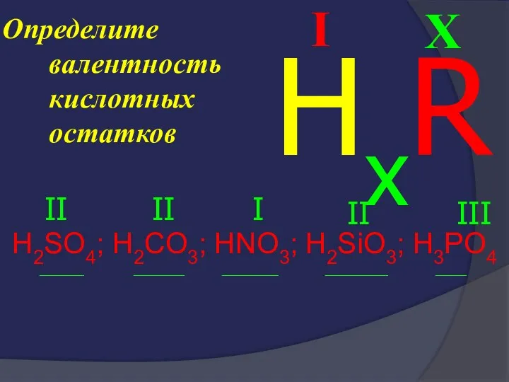 Определите валентность кислотных остатков H2SO4; H2CO3; HNO3; H2SiO3; H3PO4 _______