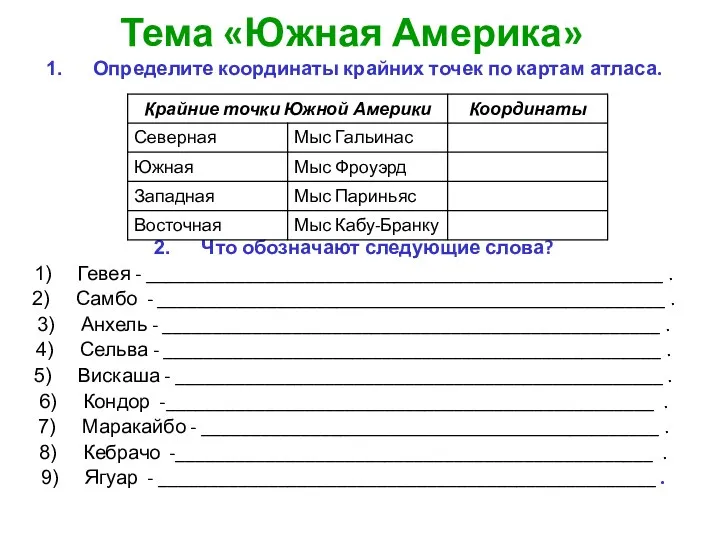 Тема «Южная Америка» Определите координаты крайних точек по картам атласа.