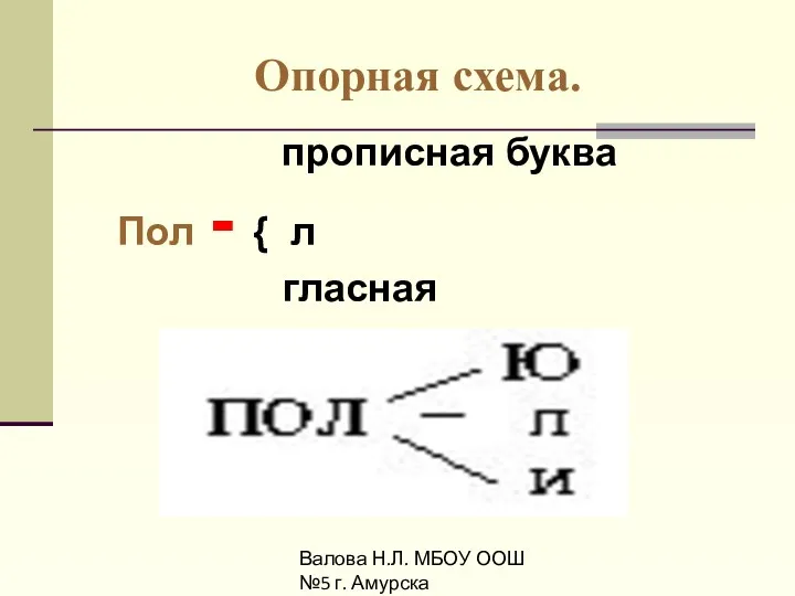 Валова Н.Л. МБОУ ООШ №5 г. Амурска Опорная схема. прописная буква Пол - { л гласная