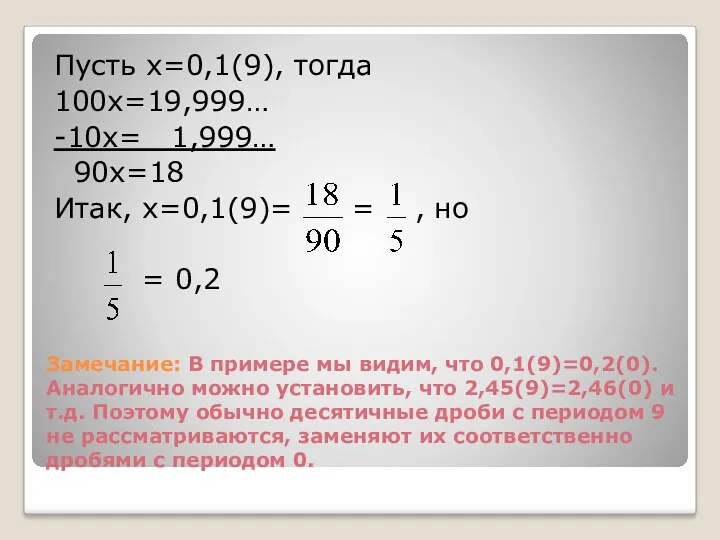 Замечание: В примере мы видим, что 0,1(9)=0,2(0). Аналогично можно установить, что 2,45(9)=2,46(0) и