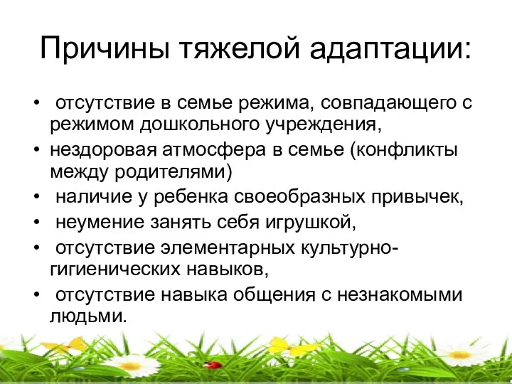 Причины тяжелой адаптации: отсутствие в семье режима, совпадающего с режимом