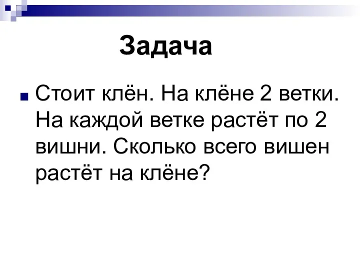 Задача Стоит клён. На клёне 2 ветки. На каждой ветке