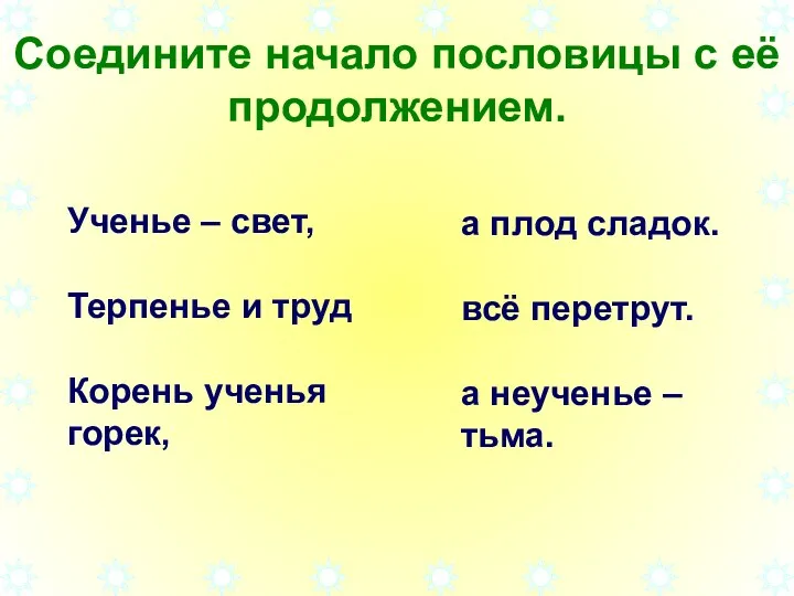 Соедините начало пословицы с её продолжением. Ученье – свет, Терпенье