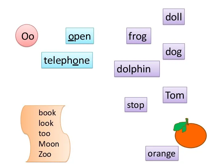 Oo doll frog dog dolphin telephone Tom stop open orange book look too Moon Zoo