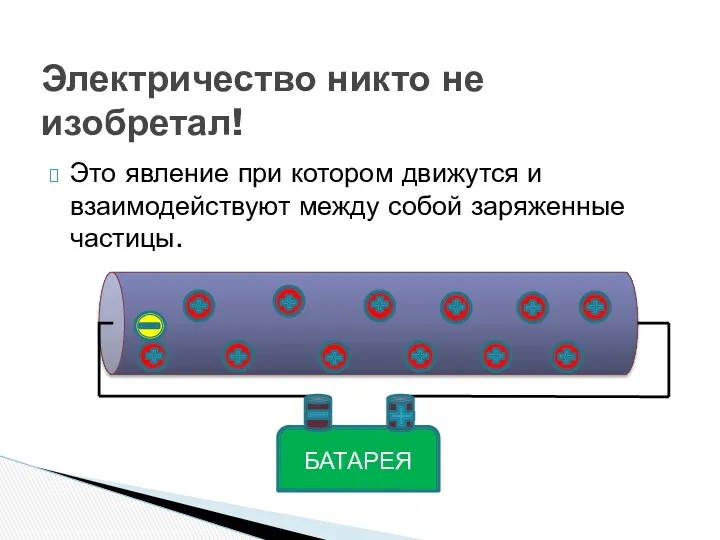 БАТАРЕЯ Электричество никто не изобретал! Это явление при котором движутся и взаимодействуют между собой заряженные частицы.